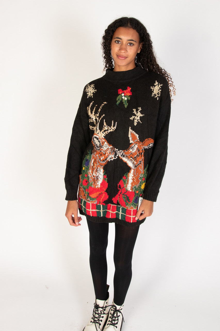 Reindeer Kiss Under Mistletoe Vintage Ugly Christmas Sweater 61736