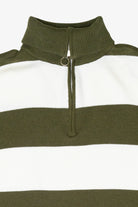 Olive green and white striped half-zip knit sweater with ribbed collar and ring pull