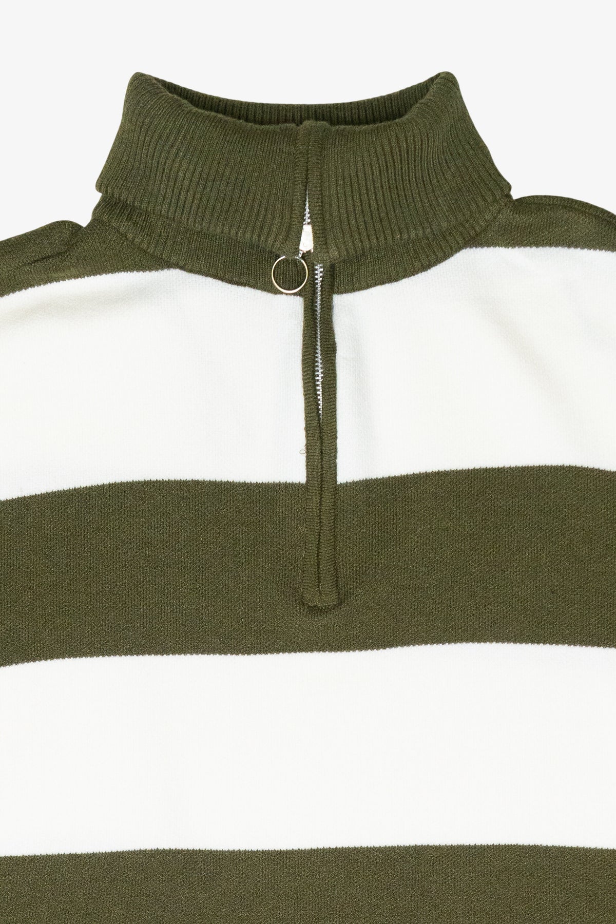 Olive green and white striped half-zip knit sweater with ribbed collar and ring pull