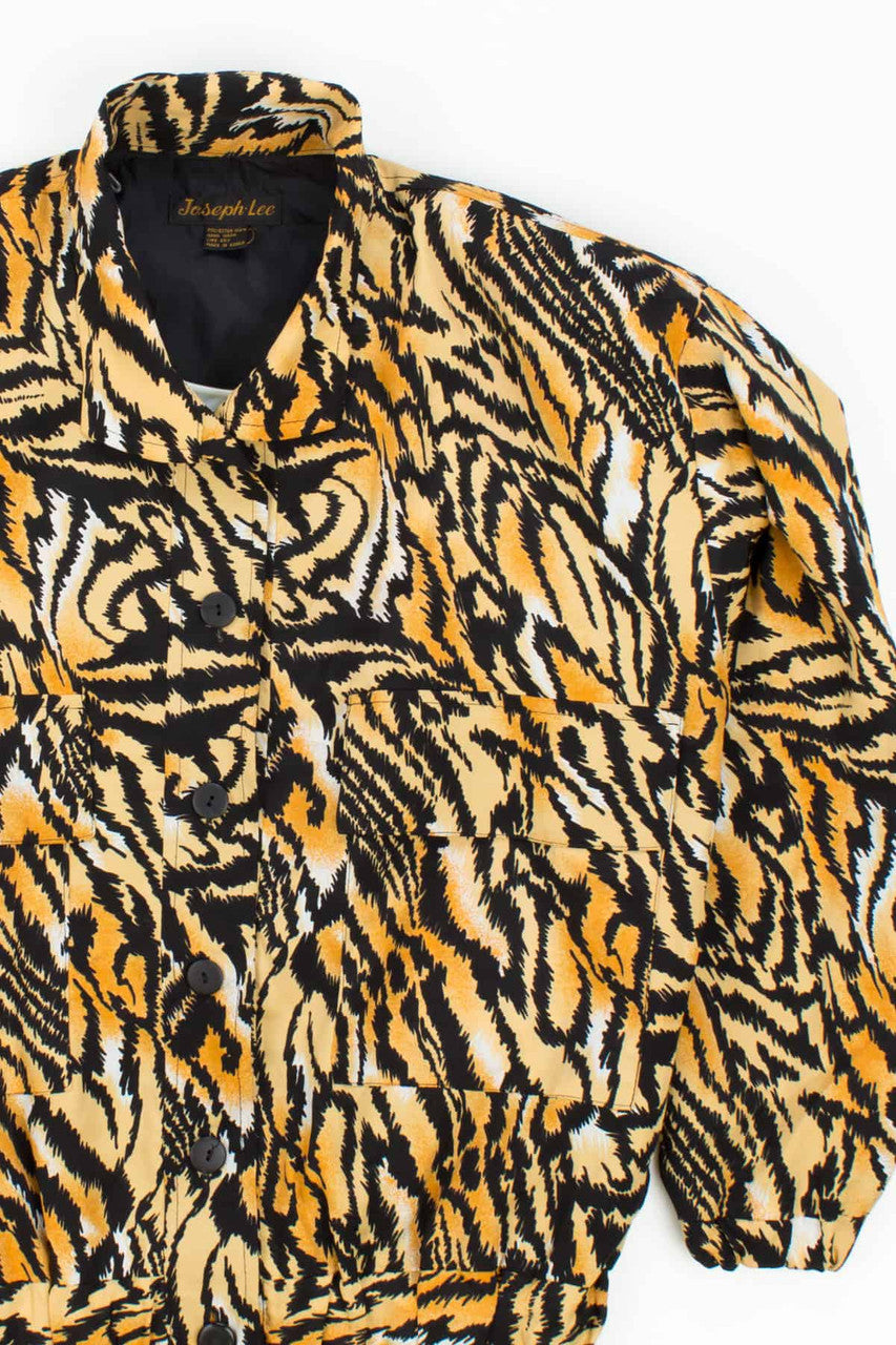 Vintage 90s Oversized Tiger Print Utility Windbreaker Jacket