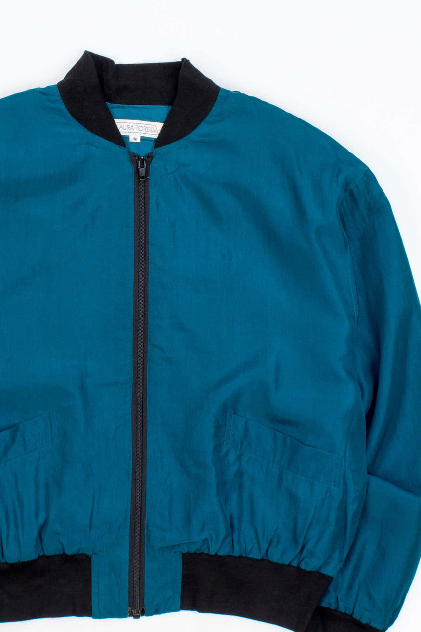 Vintage 90s Deep Teal Soft Silk Bomber Jacket