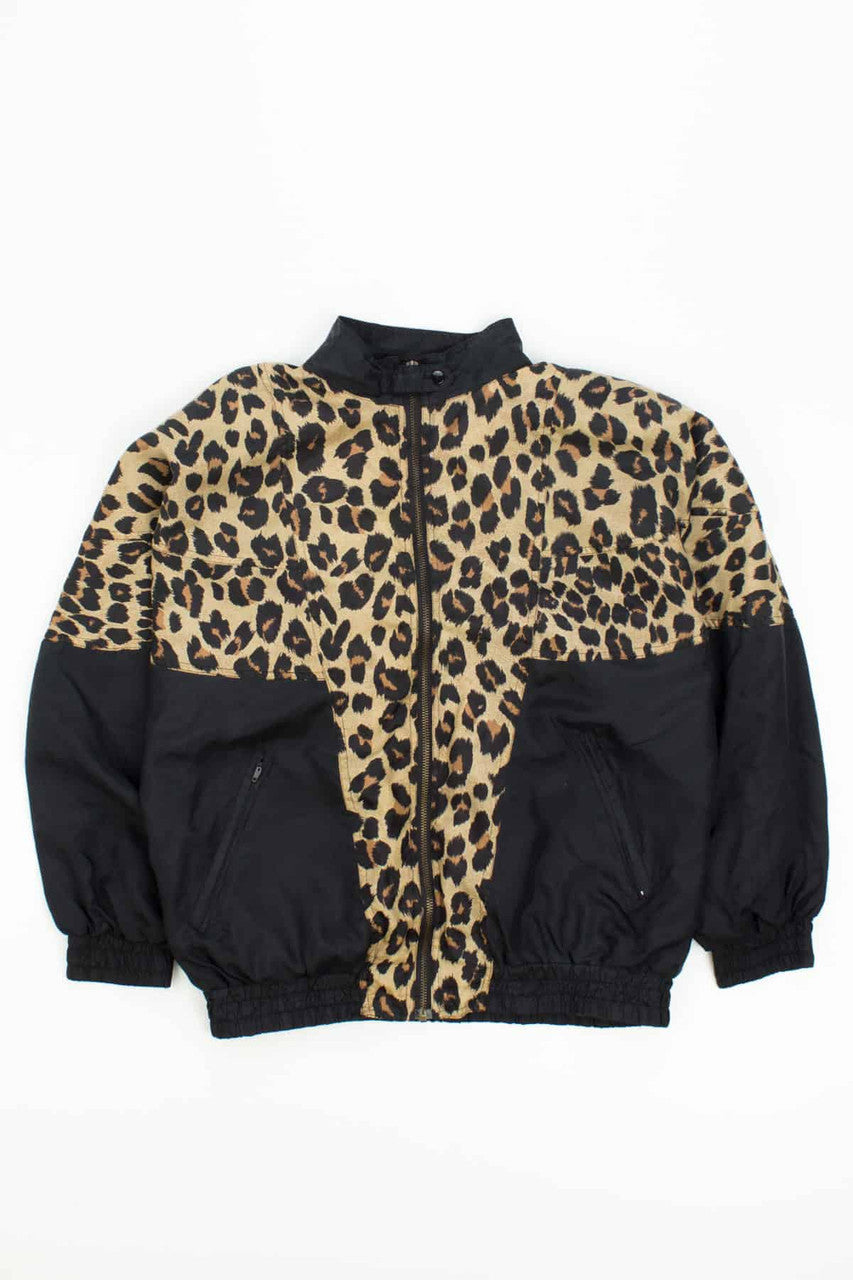 90s Vintage Silk Leopard Print Bomber Jacket