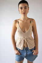 Beaded Straps Pointelle Knit Flyaway Tank Top
