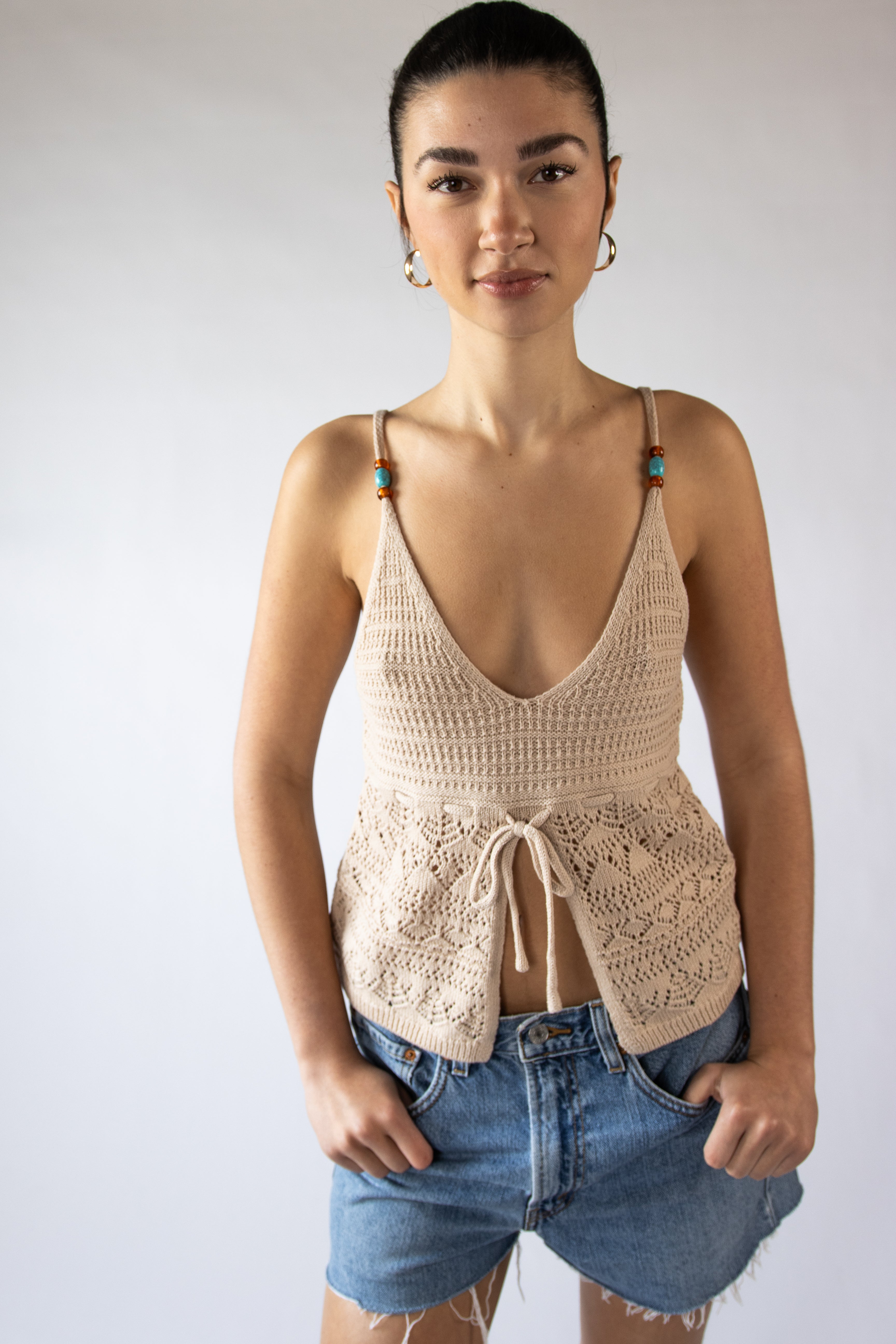 Beaded Straps Pointelle Knit Flyaway Tank Top
