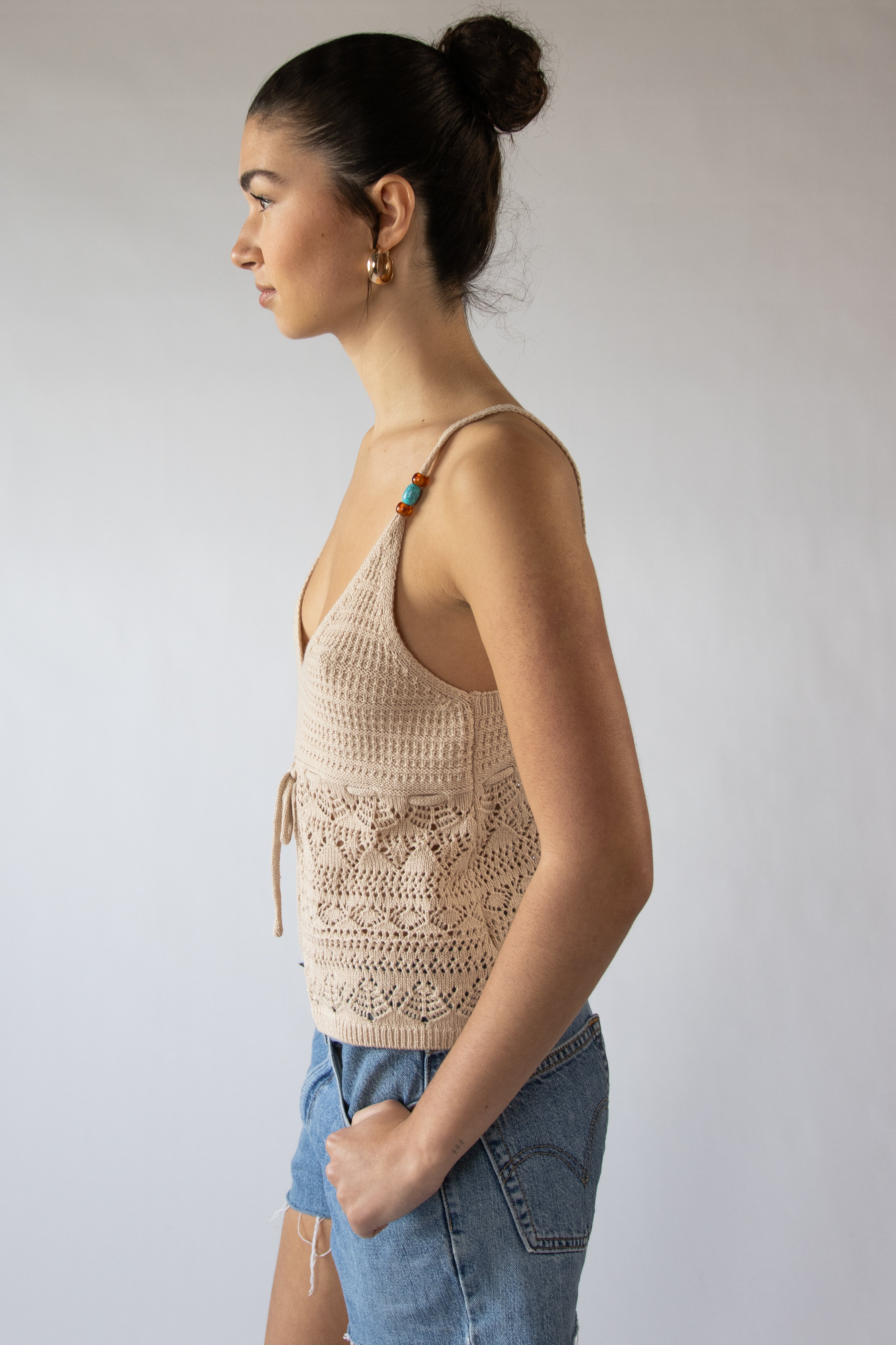 Beaded Straps Pointelle Knit Flyaway Tank Top