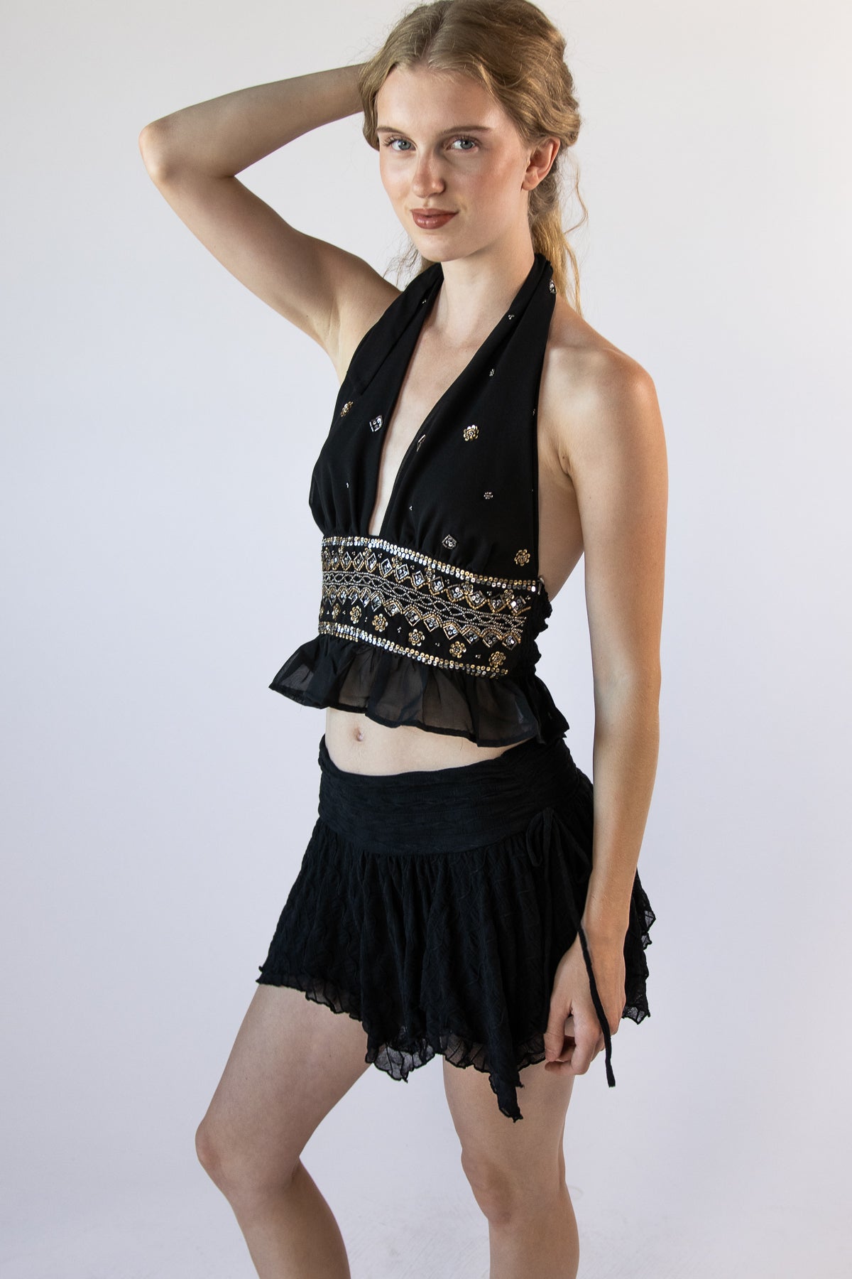 Beaded Halter Smock Waist Tank