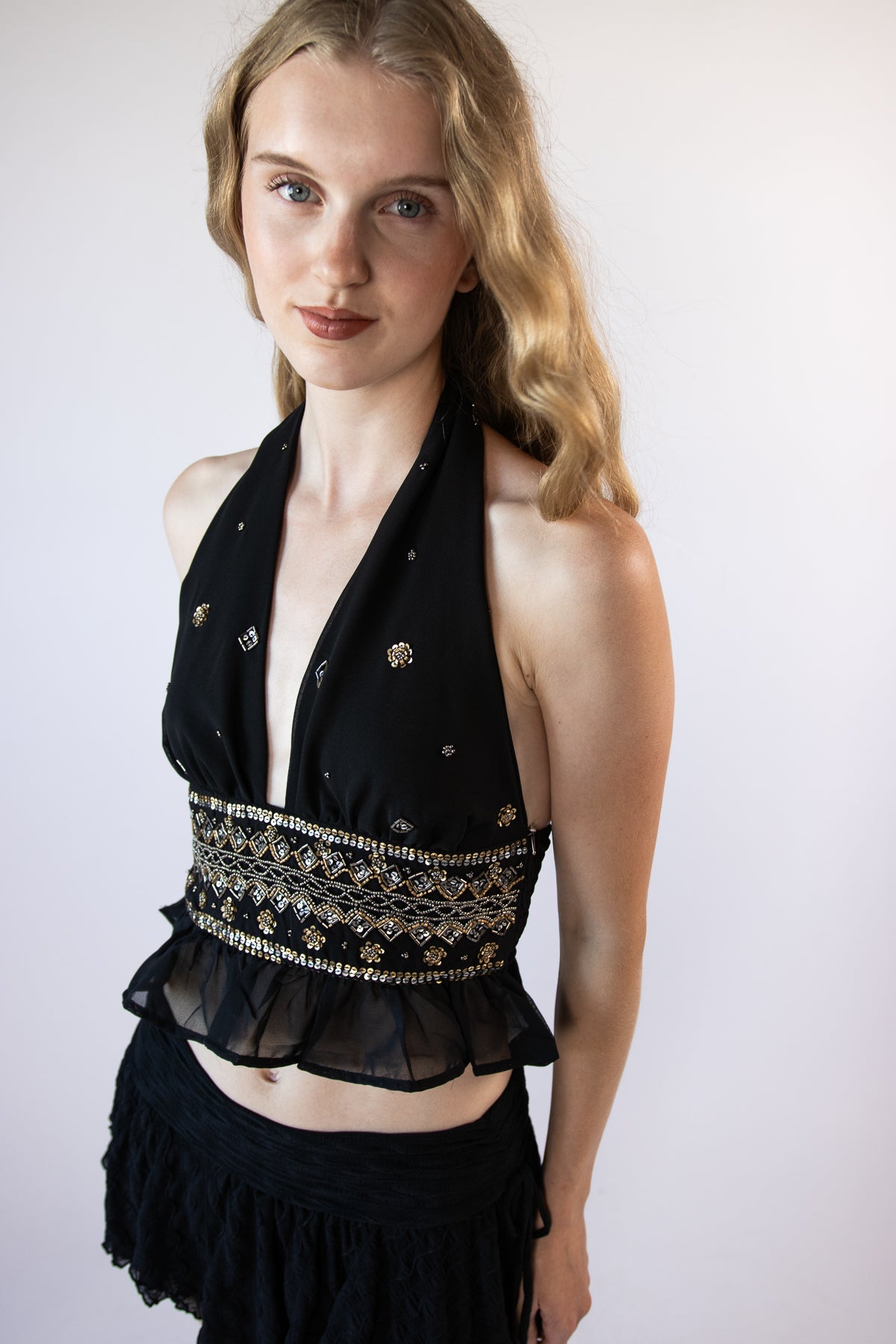 Beaded Halter Smock Waist Tank