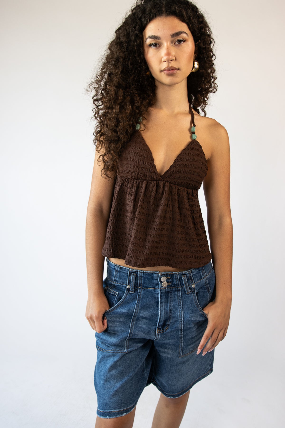 Beaded Ruffle Halter Top