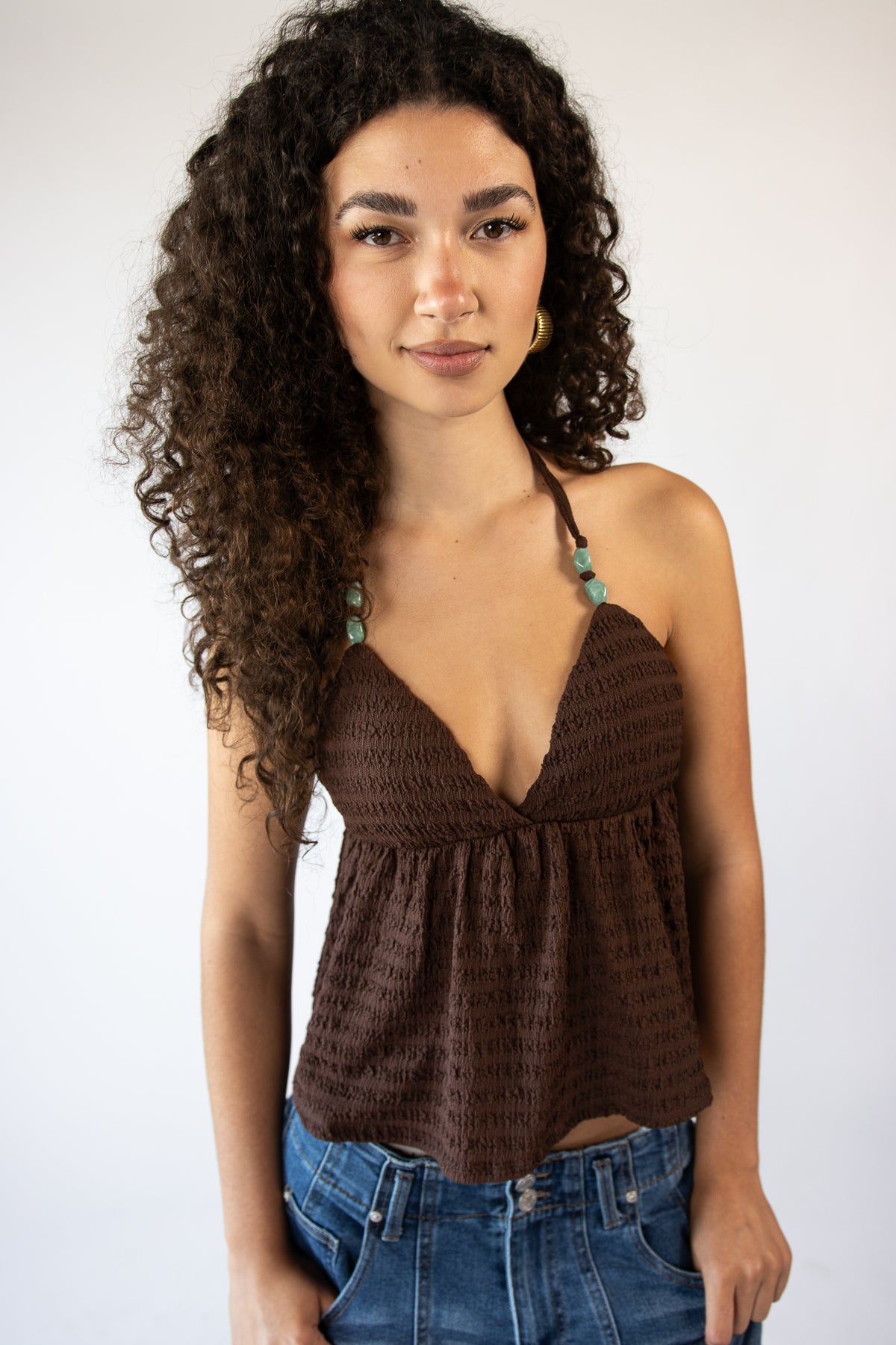 Beaded Ruffle Halter Top