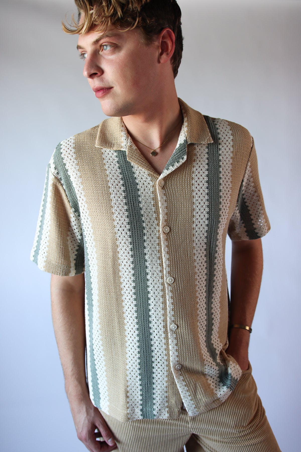 Striped Open Weave Button Up Shirt