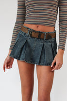 Western Belt Denim Pleated Mini Skort