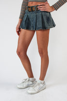 Western Belt Denim Pleated Mini Skort