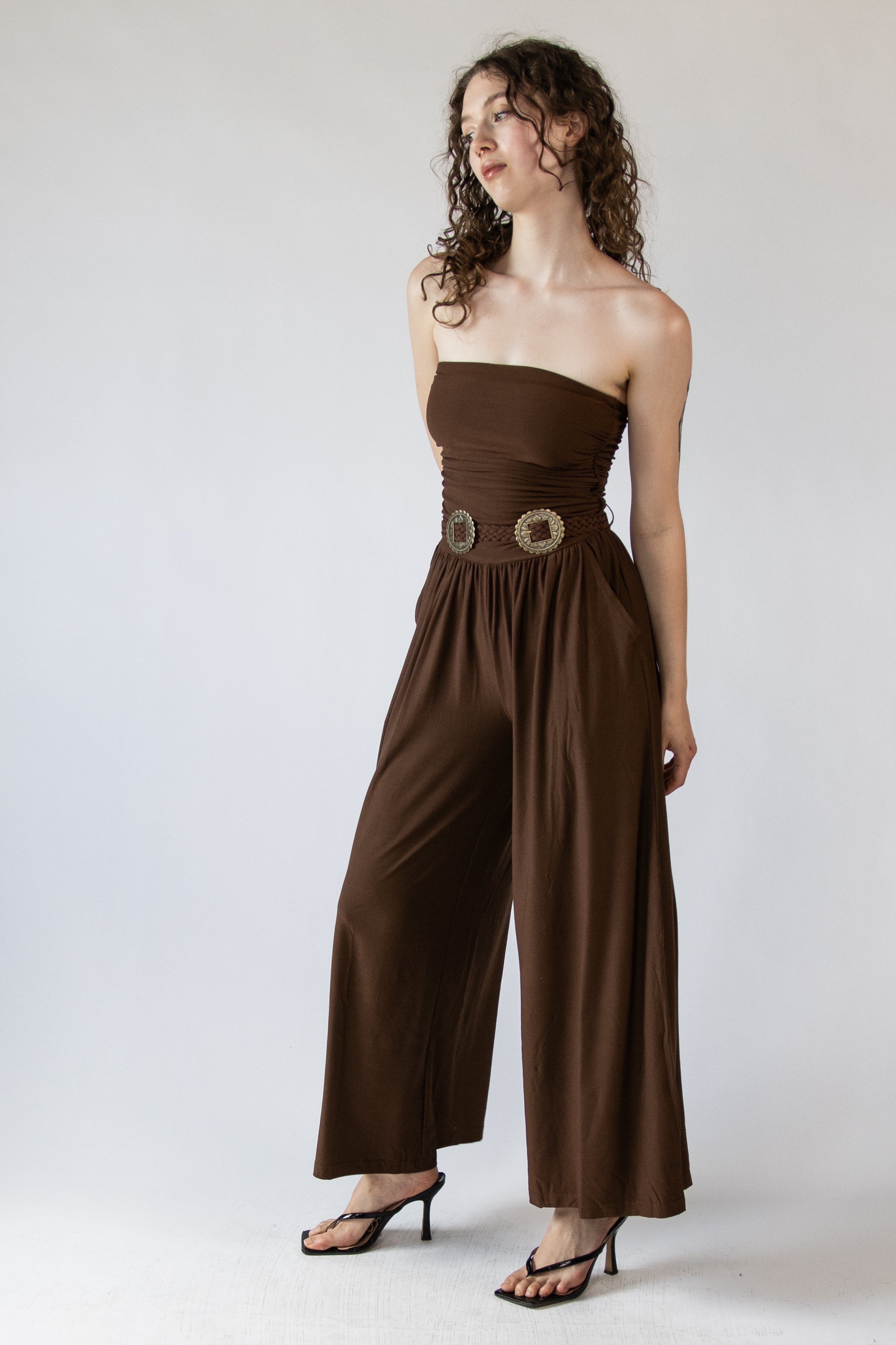 Belted Tube Top Wide Leg Jumpsuit
