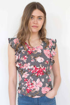Black Floral Striped Ruffle Tank
