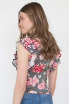 Black Floral Striped Ruffle Tank