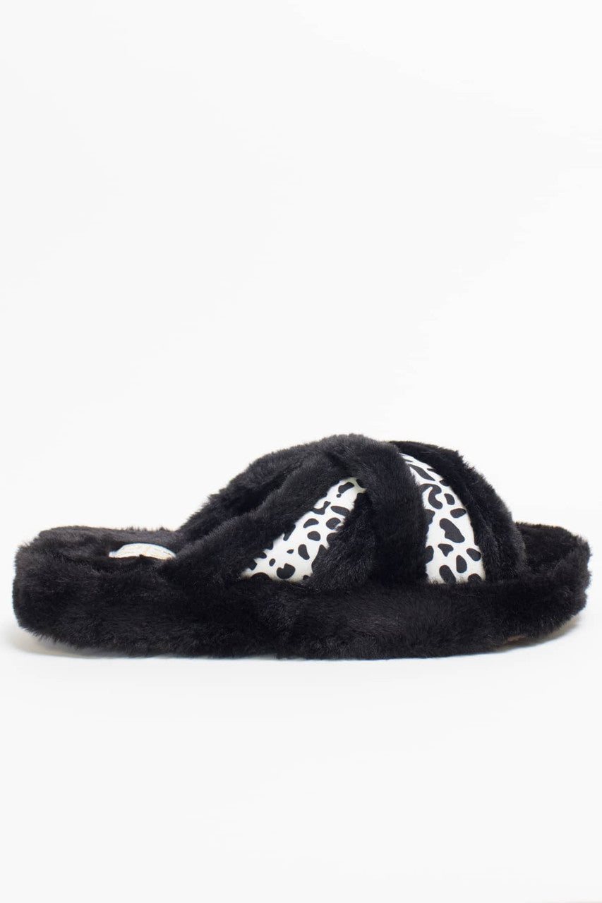 Black Fuzzy Cross Strap Slides