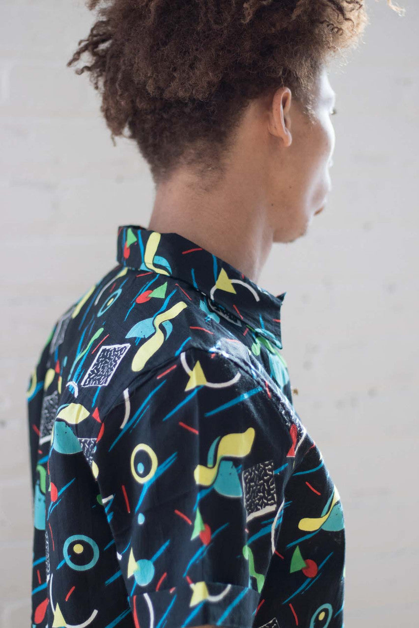 Black Trapper Keeper Print Woven Button Up Shirt