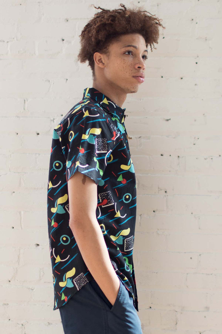 Black Trapper Keeper Print Woven Button Up Shirt