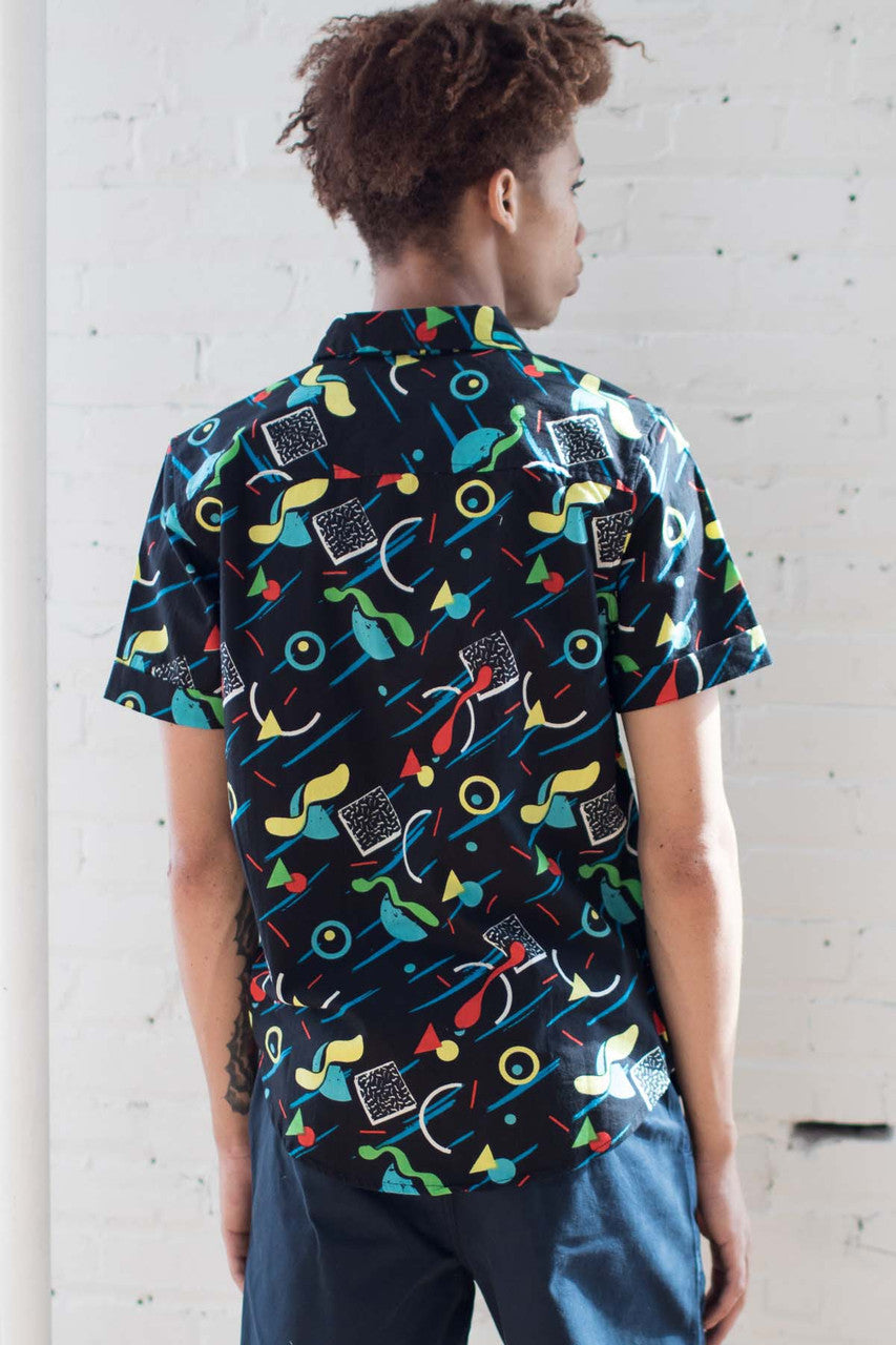 Black Trapper Keeper Print Woven Button Up Shirt