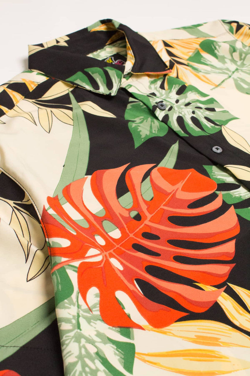 Black & Beige Island Leaves Button Up Shirt