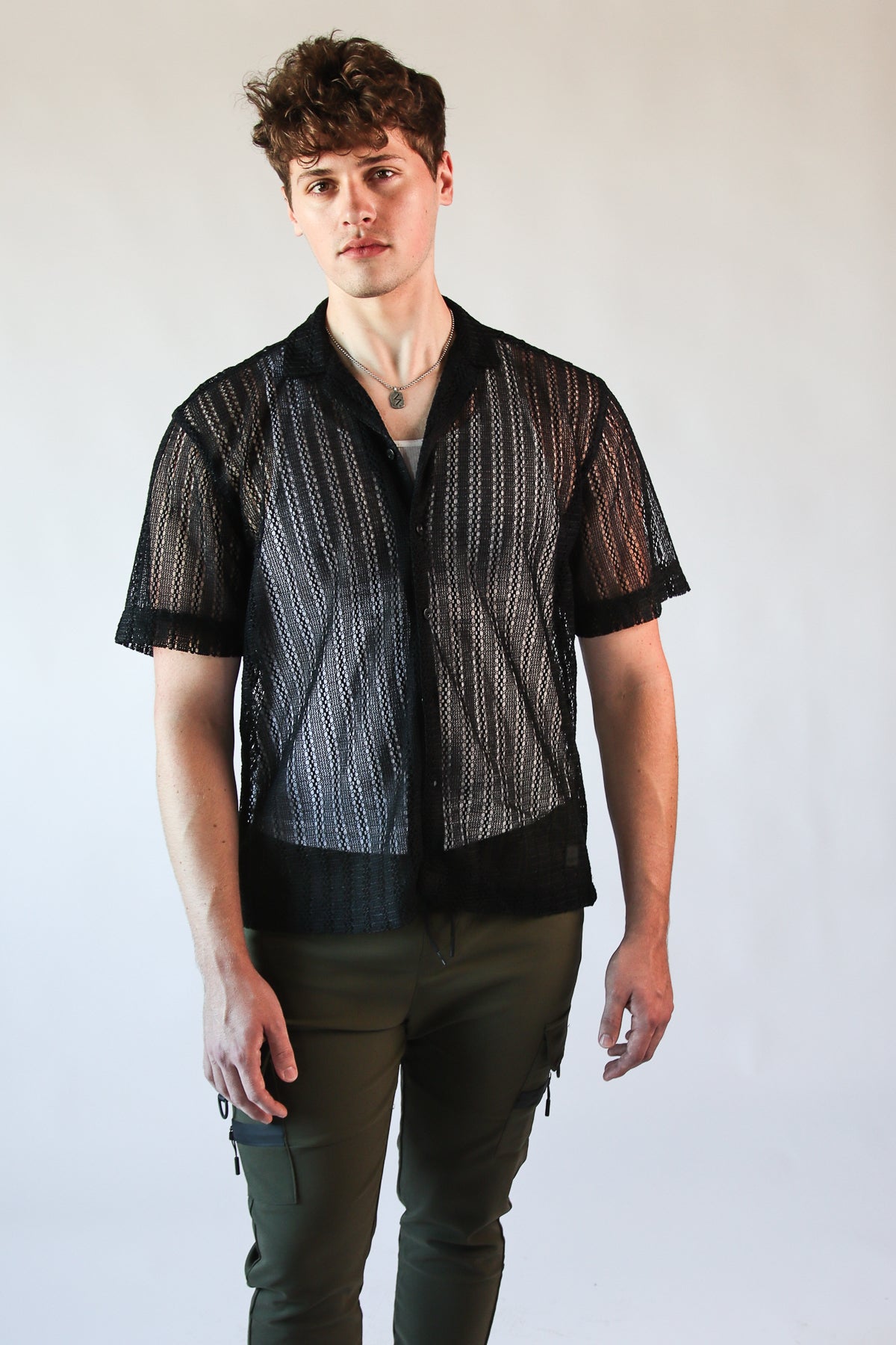 Black Open Knit Button Up Shirt