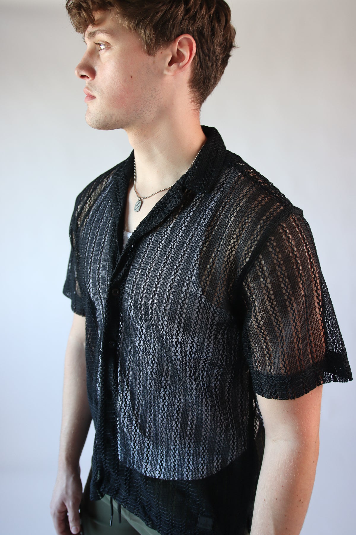 Black Open Knit Button Up Shirt