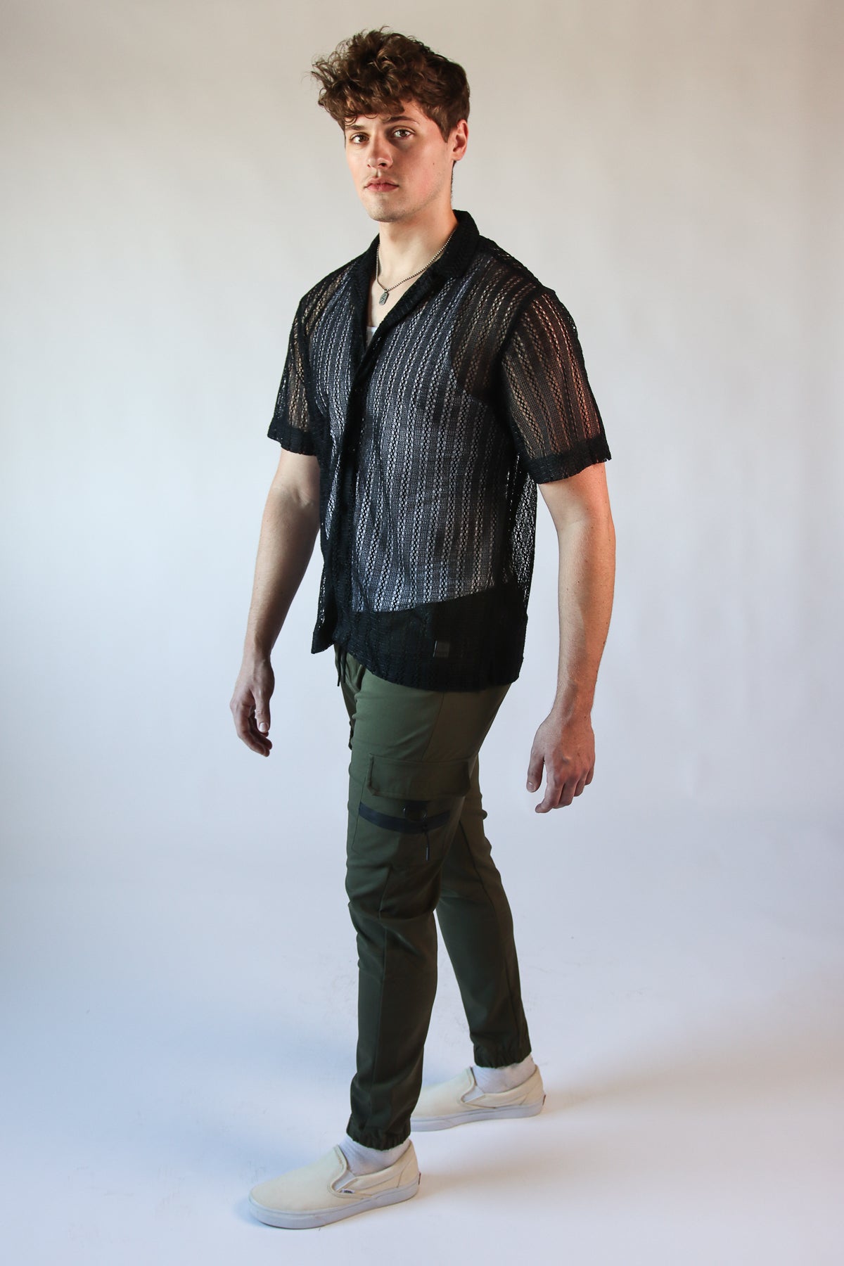 Black Open Knit Button Up Shirt