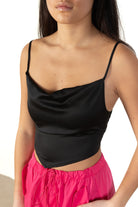 Black Lace Up Back Satin Crop Top