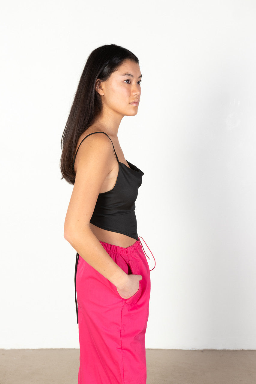 Black Lace Up Back Satin Crop Top