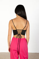 Black Lace Up Back Satin Crop Top