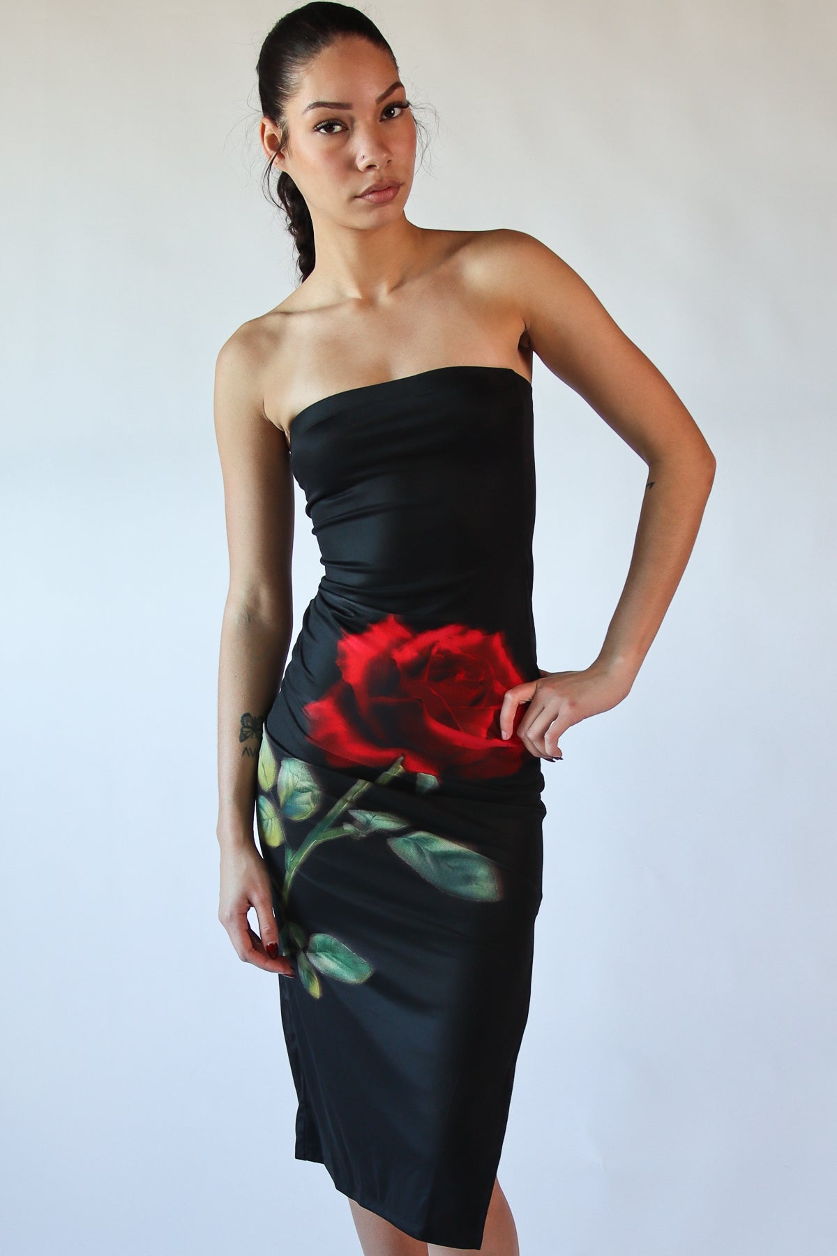 Rose Graphic Mesh Midi Tube Dress