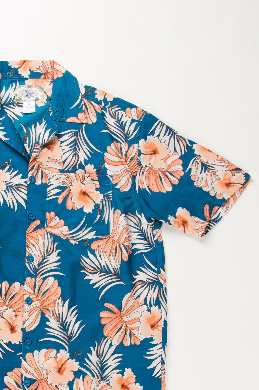 Blue and Coral Hibiscus Print Hawaiian Shirt