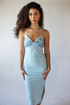 Sequin Beaded Halter Maxi Dress Blue