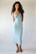 Sequin Beaded Halter Maxi Dress Blue