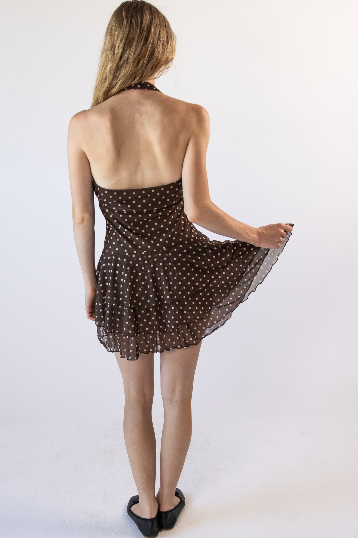 Brown Dot Halter Dress With Shorts