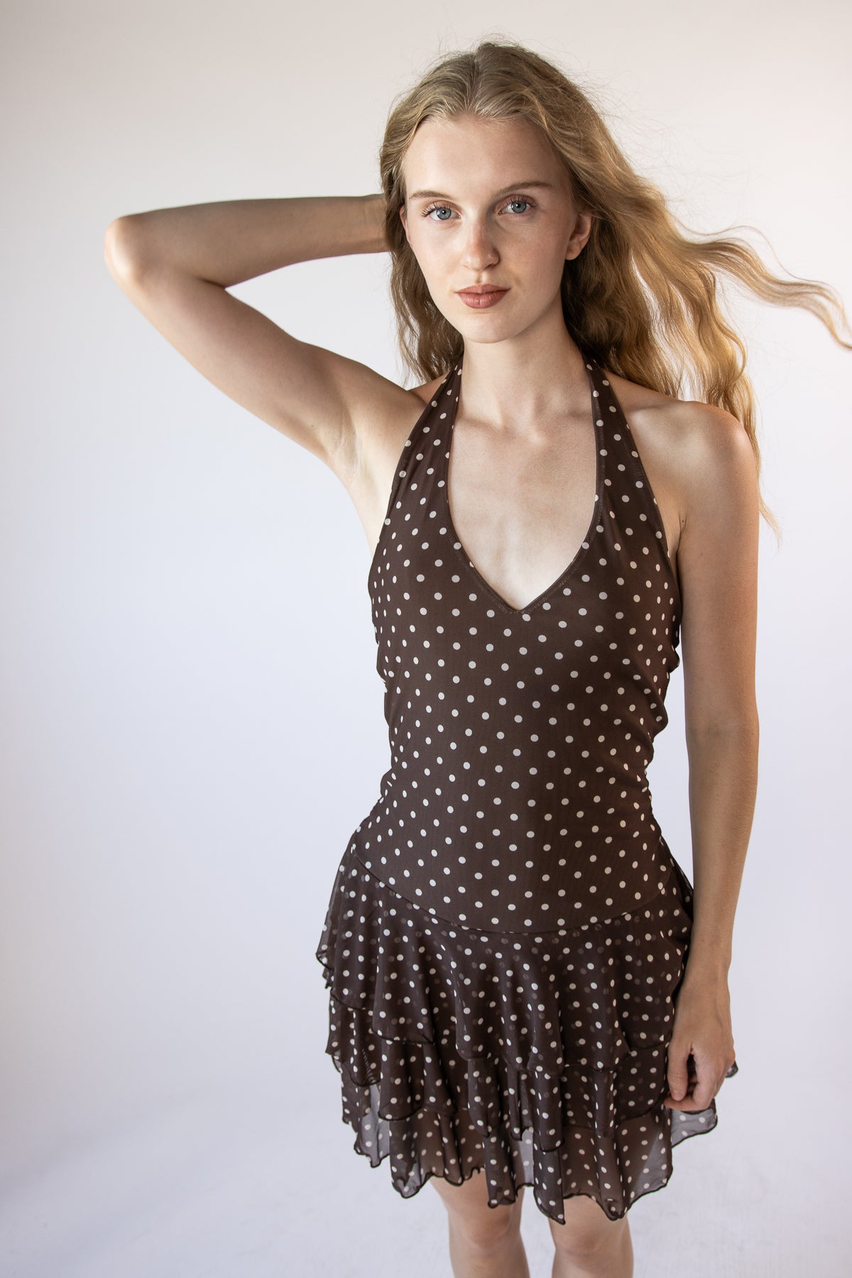 Brown Dot Halter Dress With Shorts