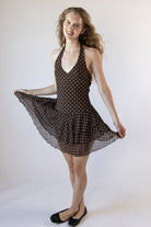 Brown Dot Halter Dress With Shorts