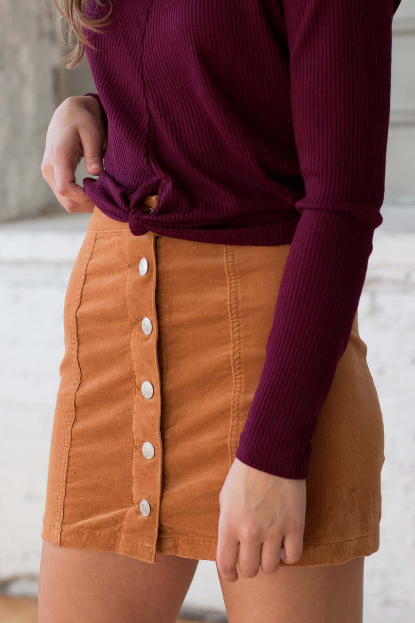 Camel Corduroy Button Front Skirt