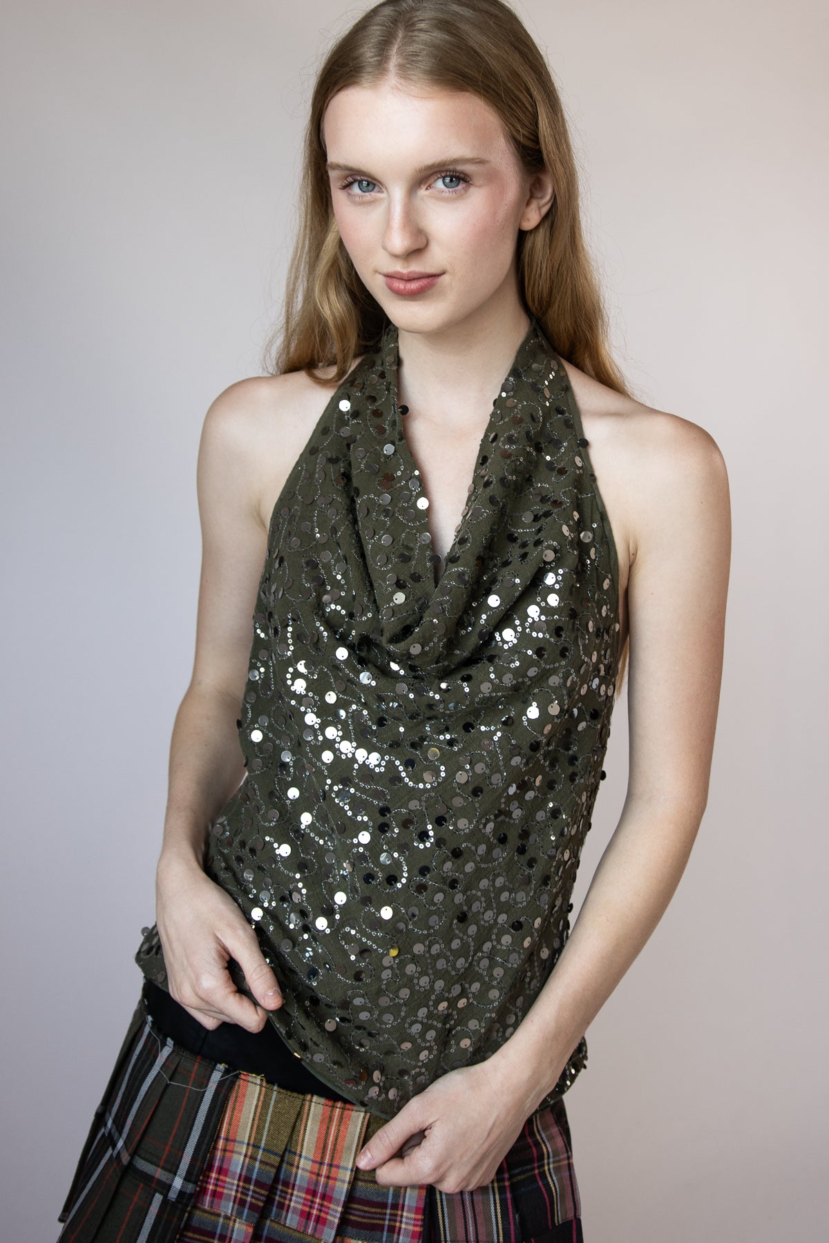 Sequin Halter Cowl Neck