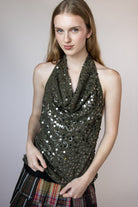 Sequin Halter Cowl Neck