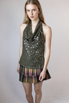 Sequin Halter Cowl Neck