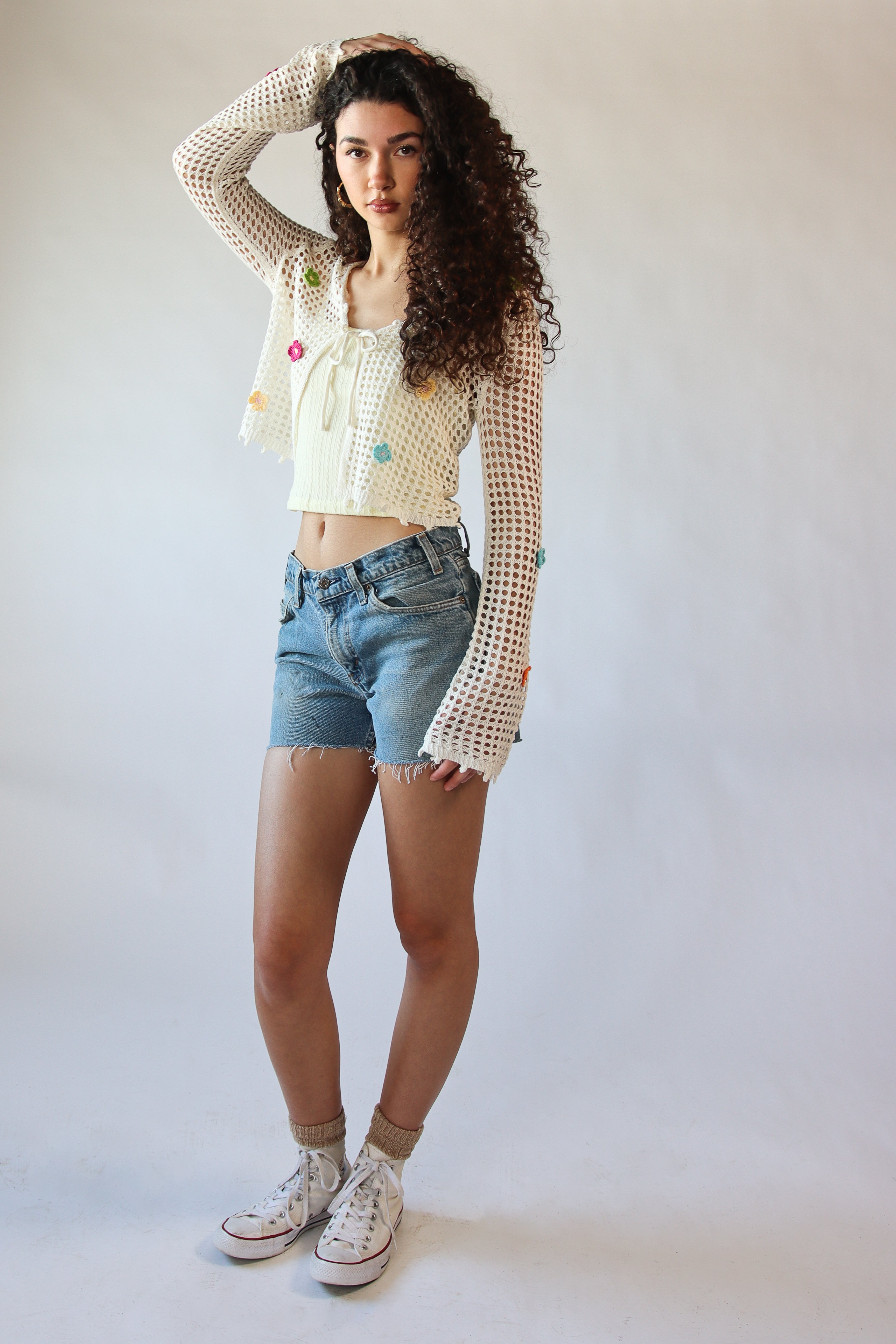 Flower Crochet Mesh Tie Front Cardigan