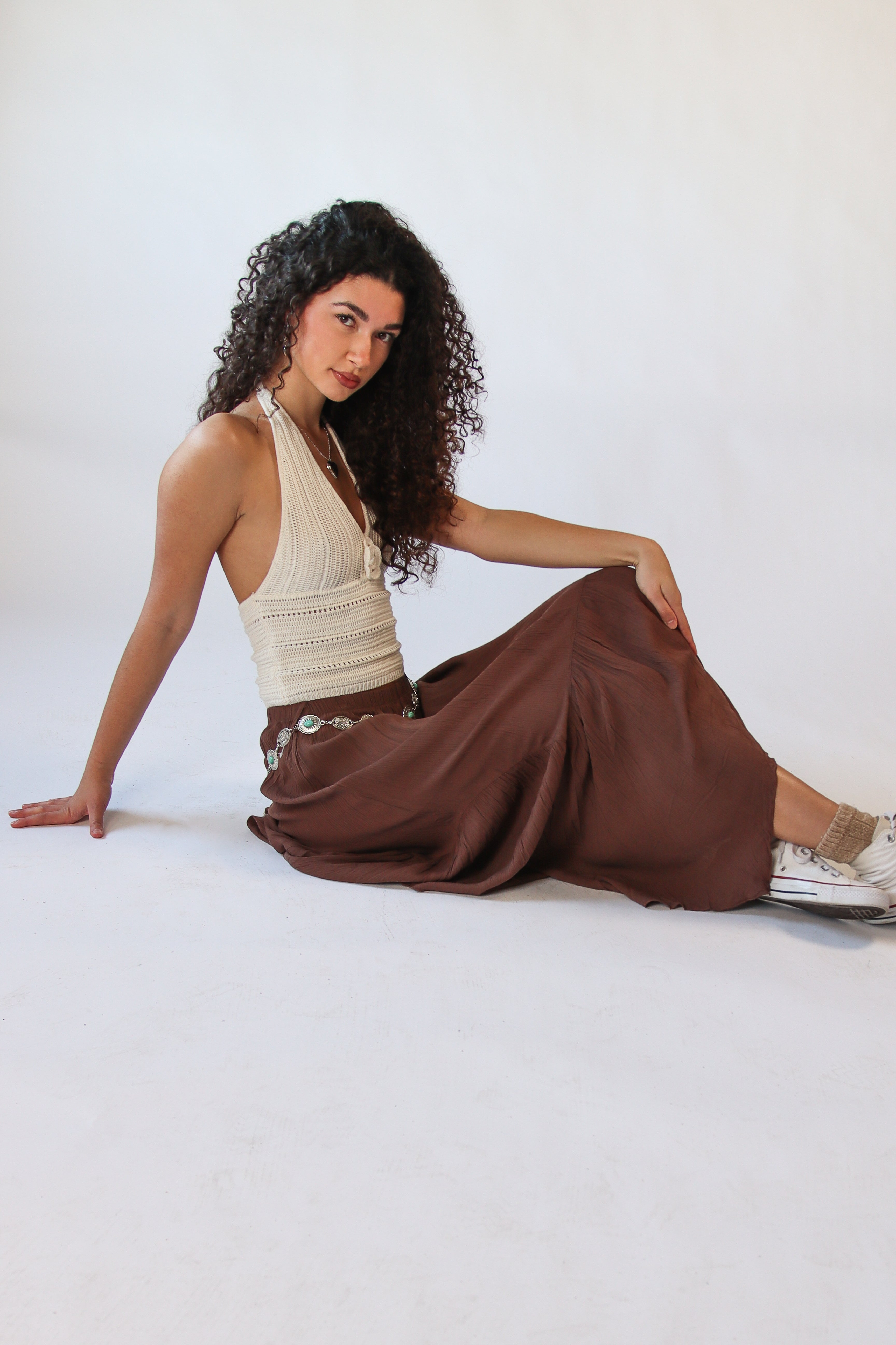 Turquoise Belt Hanky Hem Maxi Skirt - Brown