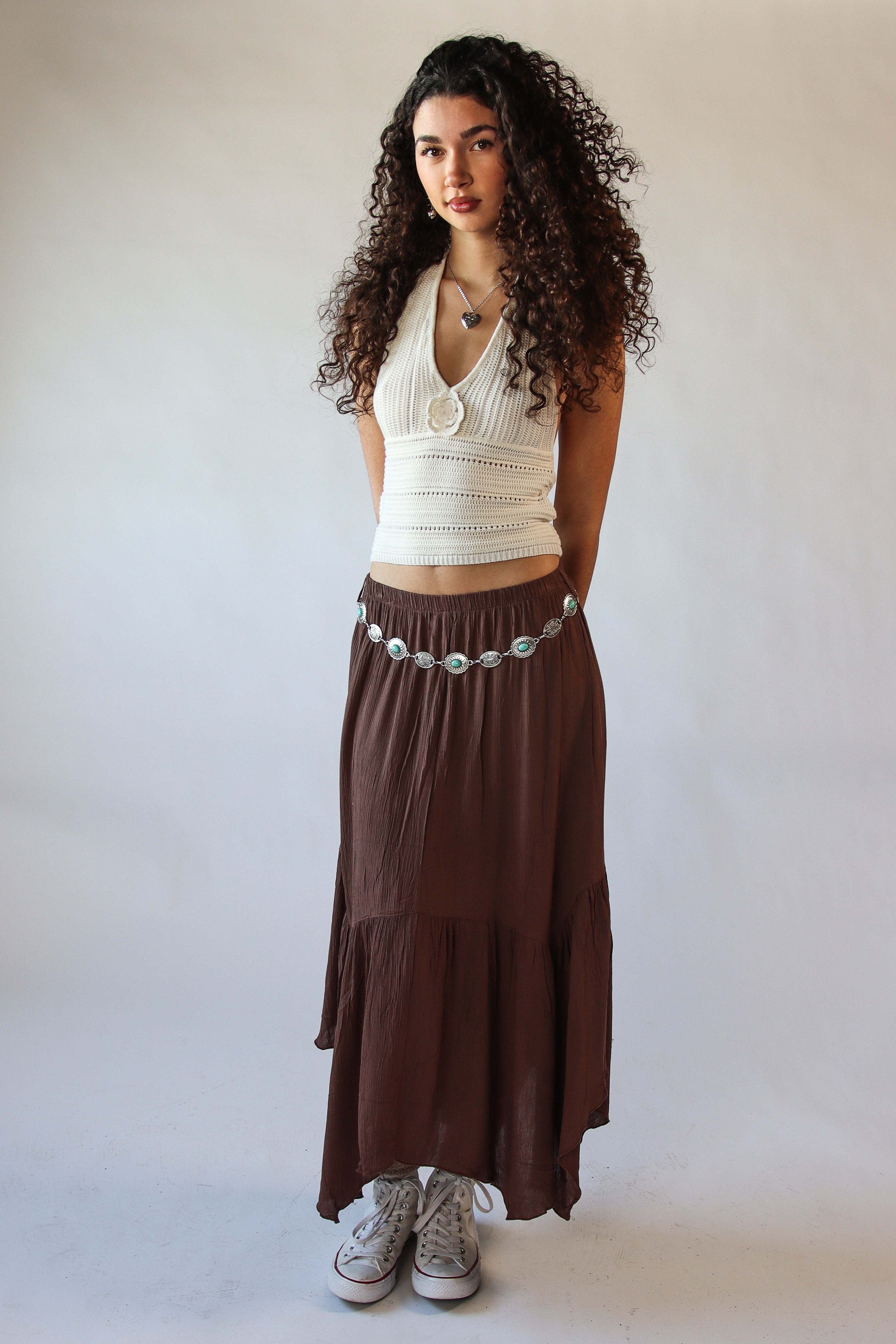 Turquoise Belt Hanky Hem Maxi Skirt - Brown