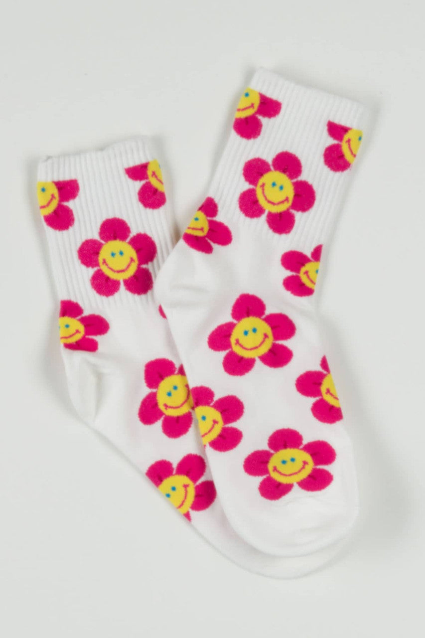 White Smiling Pink Daisy Socks