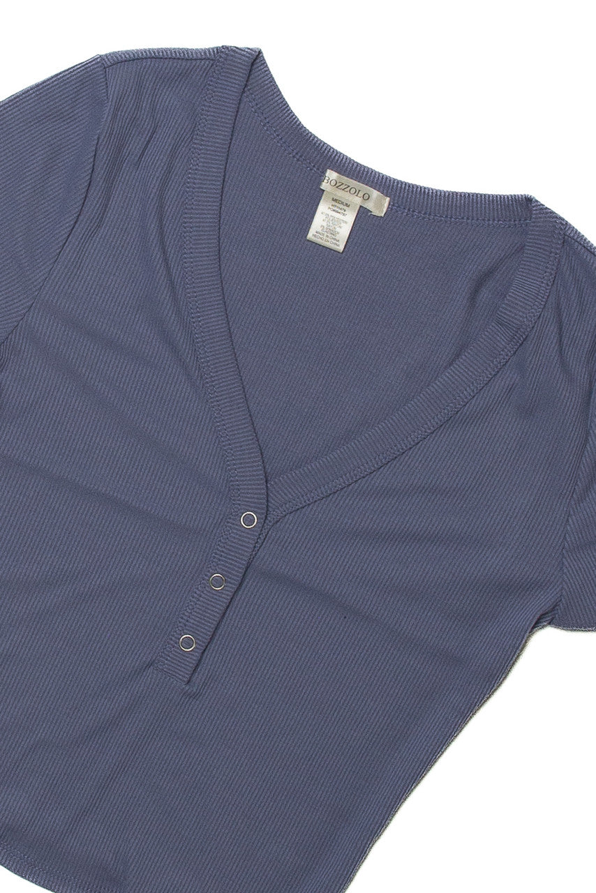 Blue Deep V Ribbed Snap