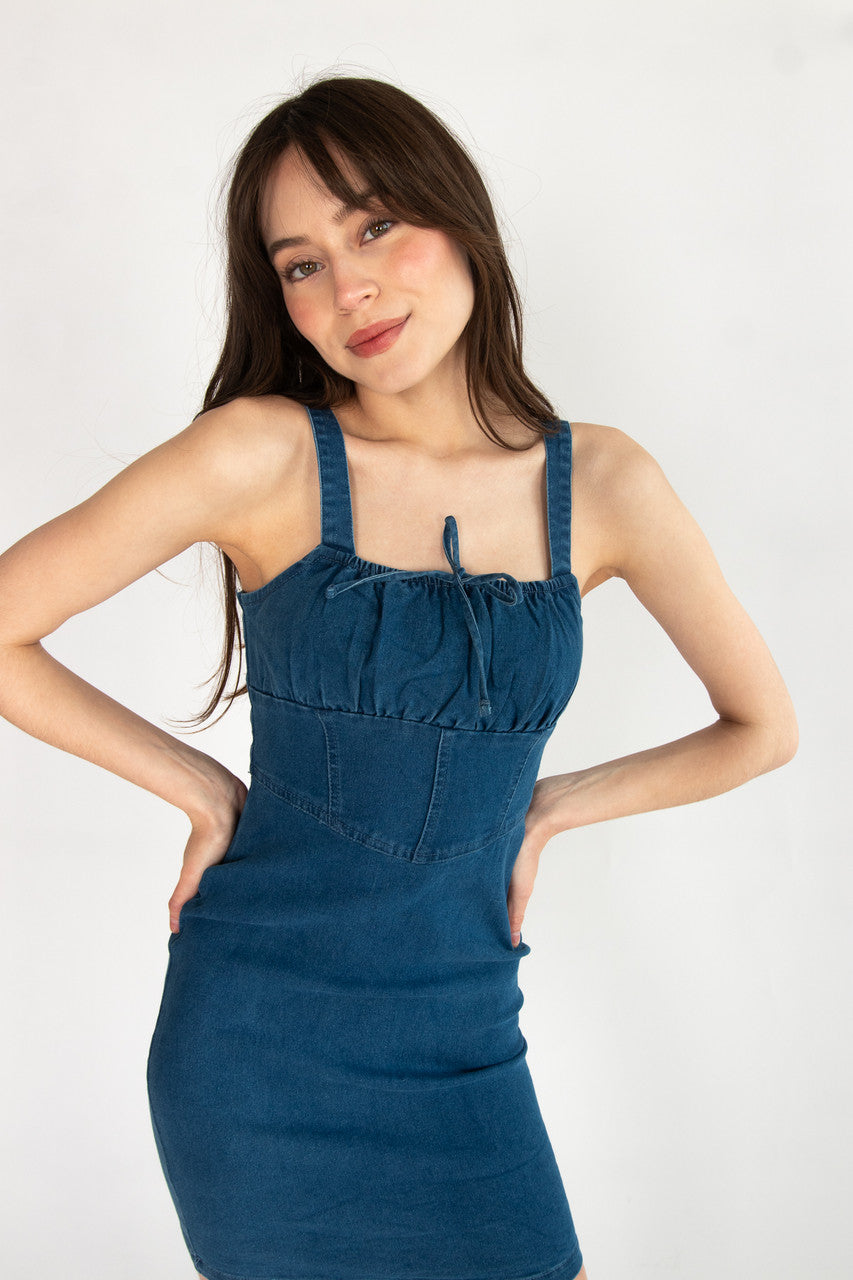 knee length dresses for ladies Wilma Blue Denim Corset Mini Dress - US 16