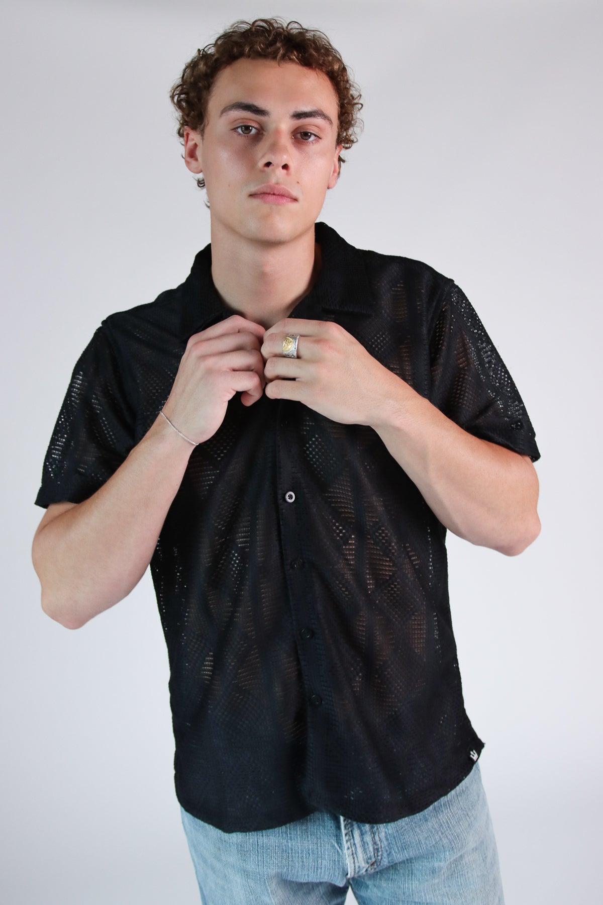 Diamond Open Weave Button Up