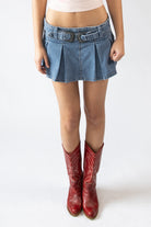 Double Buckle Belted Denim Mini Skort