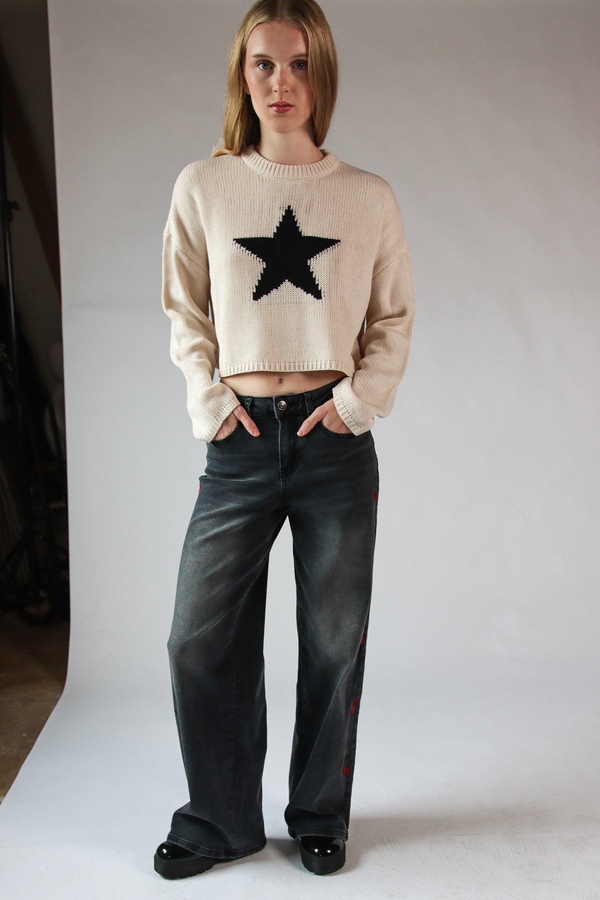 Embroidered Cherry Wide Leg Jeans